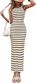 PRETTYGARDEN Women's Summer Striped Bodycon Maxi Dress | Ribbed Knit Tank Dress, Sleeveless Sundresses, Crew Neck, Side Slit, Slim Fitted, Date Night Party, Beach Vacation Outfits