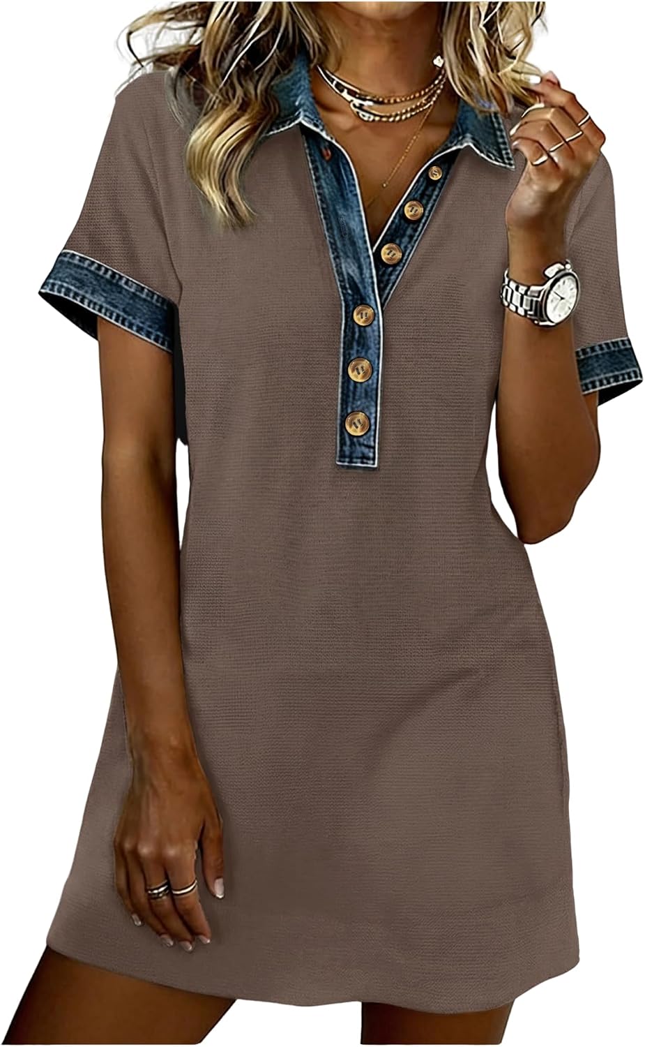 SELINK Patchwork Denim Dress for Women Cute Polo T-Shirt Dress | Short Sleeve Polo Dresses with Collar,Ladies Ribbed Knit Jean Dress,Button Up Summer Dress,Perfect for Casual Daily Wear