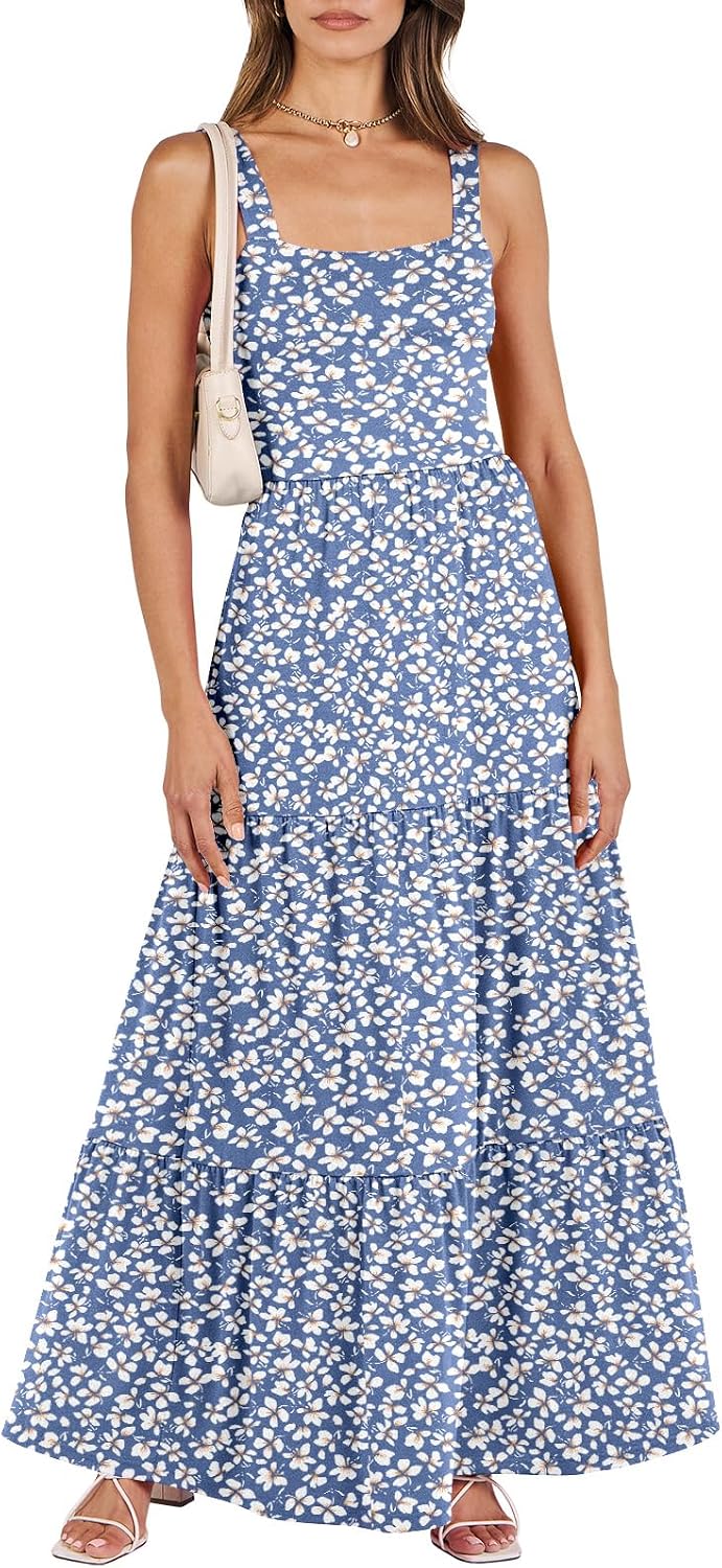 ANRABESS Women's Summer Flowy Maxi Dress Square Neck Sundress with Pockets | Casual Beach Travel Vacation Sleeveless Sun Dress, A-line Boho Tiered Tank Top Long Dresses