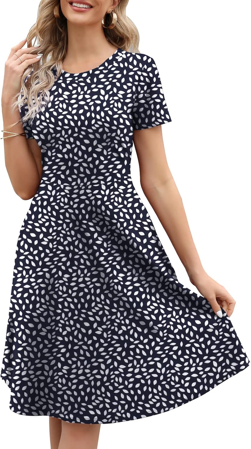Women's Elegant Knee Length Dresses Vintage Summer Office Casual Floral Print Work Party A-Line Swing Dress with Pockets 162