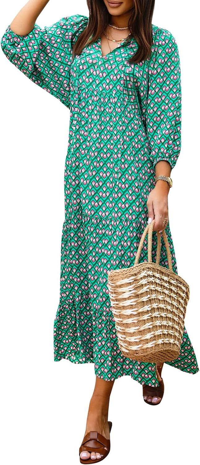 miduo Womens Casual V Neck Half Sleeve Bohemian Geometric Maxi Long Dresses | Loose Fit Beach Summer V Neck Half Sleeve Bohemian Maxi Long Dresses Boho Resortwear Holiday