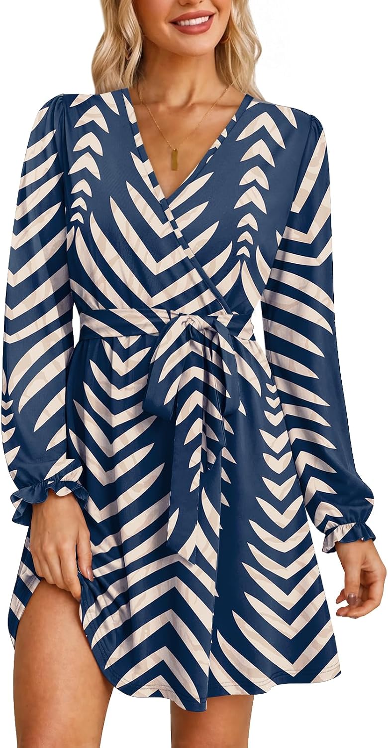 OFEEFAN Womens Wrap V Neck Dress Long Sleeve Belted Fall a Line Dress 2026 | Knee Length Dress,Wedding Guest Dress,Elastic Waist with Belt,Soft Stretch Fabric,Dressy Casual,Solid Floral Prints