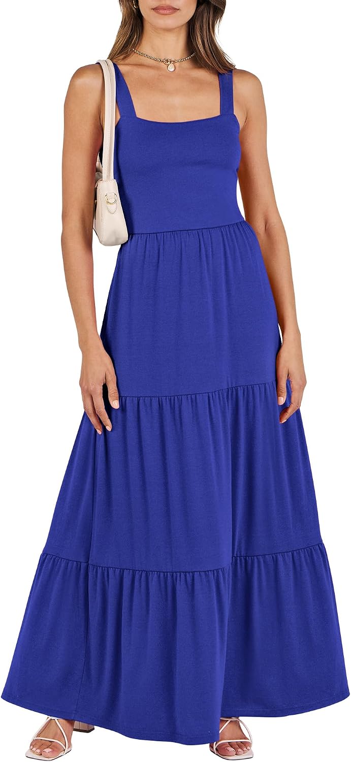 ANRABESS Women's Summer Flowy Maxi Dress Square Neck Sundress with Pockets | Casual Beach Travel Vacation Sleeveless Sun Dress, A-line Boho Tiered Tank Top Long Dresses