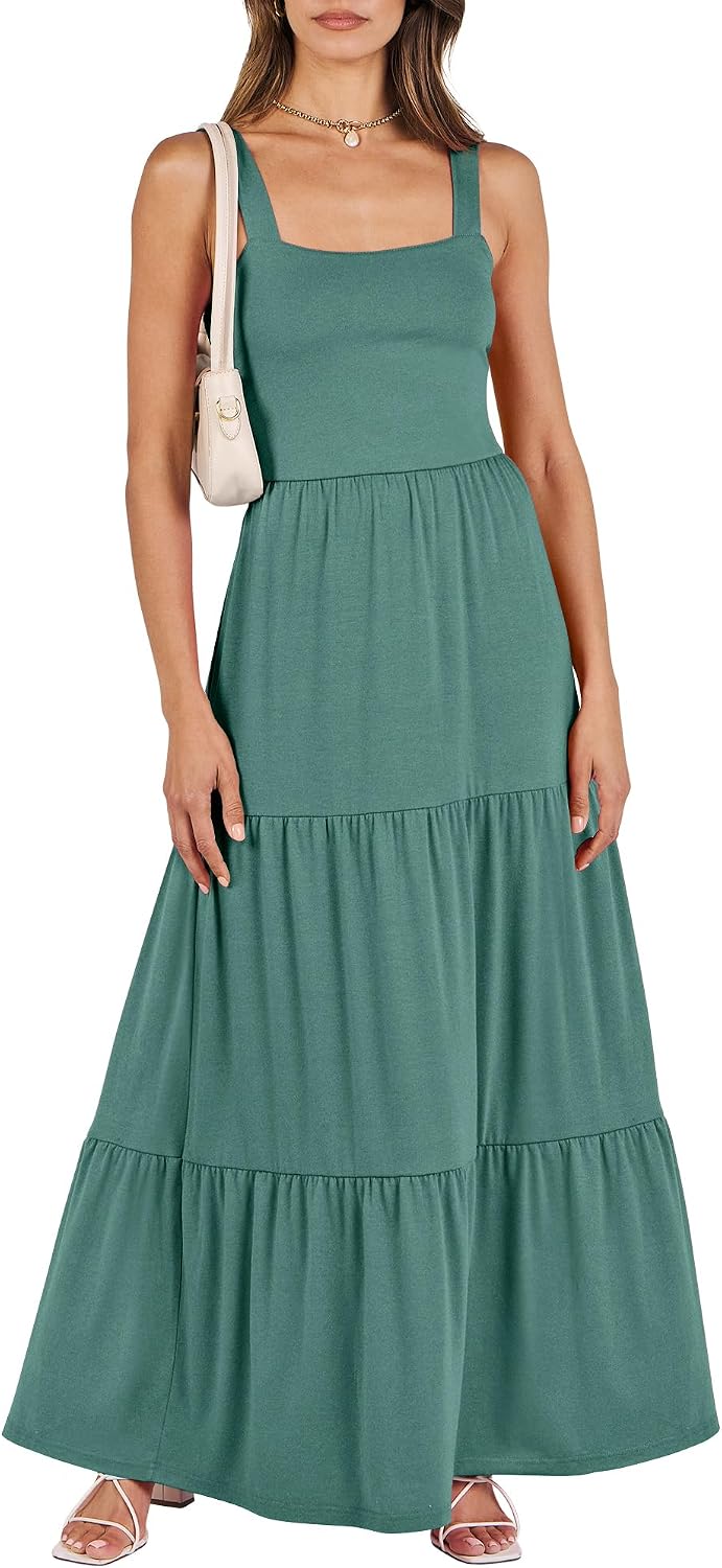 ANRABESS Women's Summer Flowy Maxi Dress Square Neck Sundress with Pockets | Casual Beach Travel Vacation Sleeveless Sun Dress, A-line Boho Tiered Tank Top Long Dresses