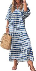 miduo Womens Casual V Neck Half Sleeve Bohemian Geometric Maxi Long Dresses | Loose Fit Beach Summer V Neck Half Sleeve Bohemian Maxi Long Dresses Boho Resortwear Holiday