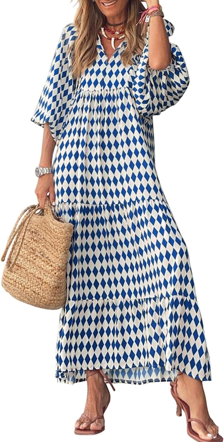 miduo Womens Casual V Neck Half Sleeve Bohemian Geometric Maxi Long Dresses | Loose Fit Beach Summer V Neck Half Sleeve Bohemian Maxi Long Dresses Boho Resortwear Holiday