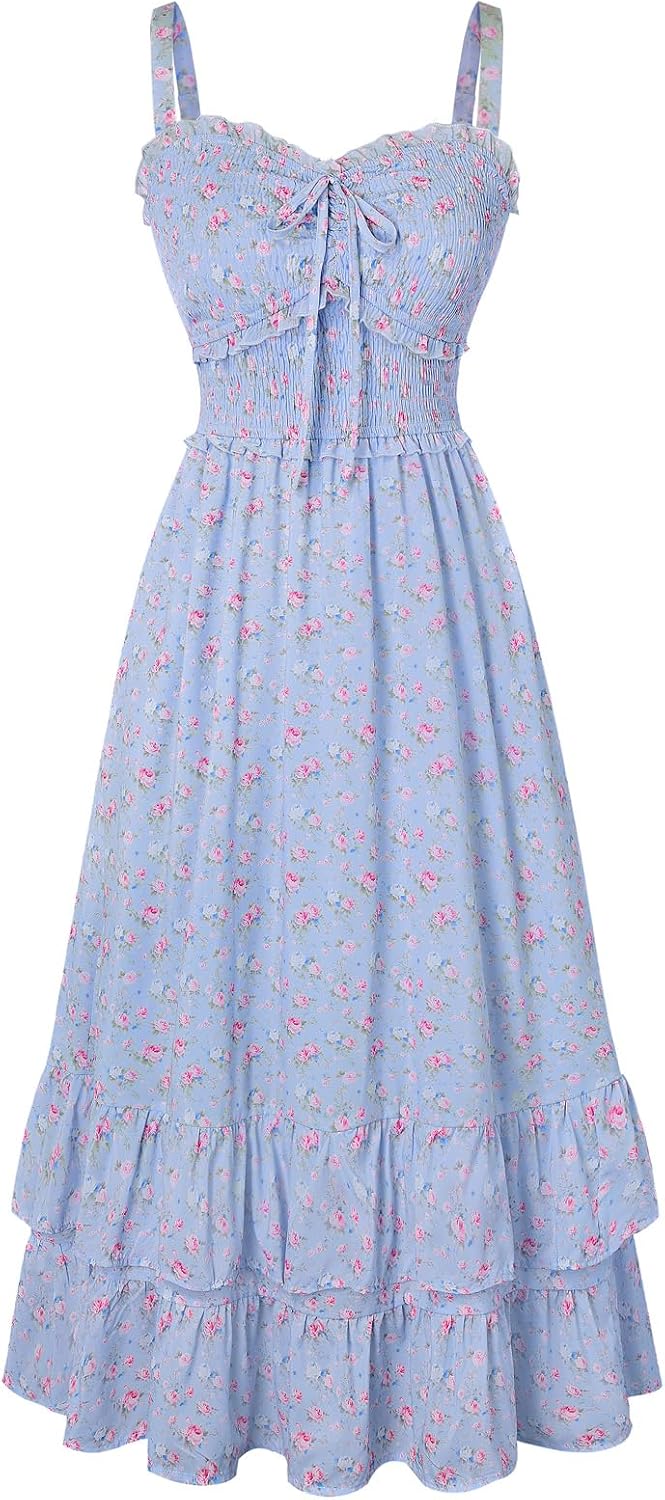 Scarlet Darkness Women's Floral Dress Smocked Sundress with Pockets | Cottagecore Milkmaid Summer Spring Dresses, A line, Flowy, Ankle Length, for Casual, Vacation, Wedding Guest, Tea Party
