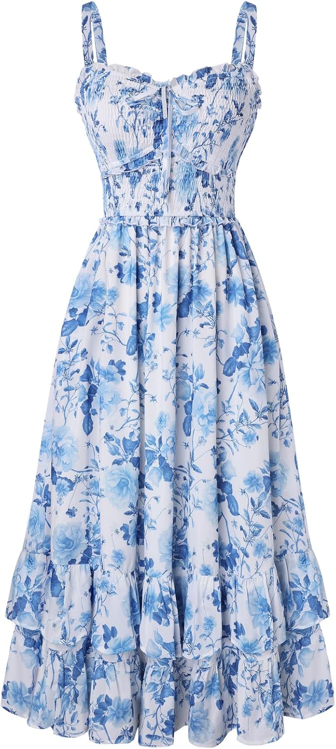 Scarlet Darkness Women's Floral Dress Smocked Sundress with Pockets | Cottagecore Milkmaid Summer Spring Dresses, A line, Flowy, Ankle Length, for Casual, Vacation, Wedding Guest, Tea Party