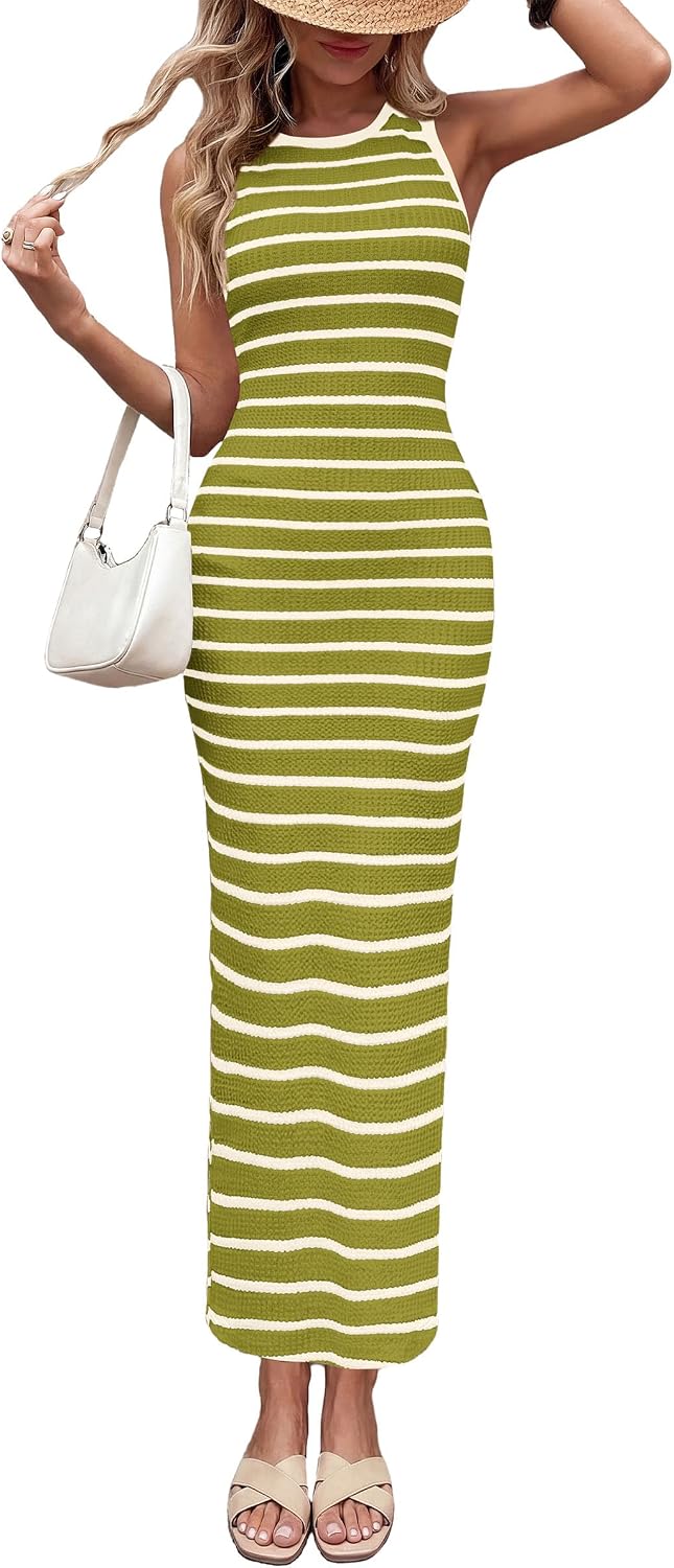PRETTYGARDEN Women's Summer Striped Bodycon Maxi Dress | Ribbed Knit Tank Dress, Sleeveless Sundresses, Crew Neck, Side Slit, Slim Fitted, Date Night Party, Beach Vacation Outfits