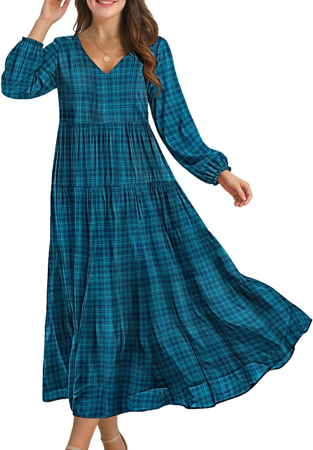 YESNO Women Fall Casual Maxi Dresses Long Lantern Sleeve EVFP2 | V Neck, long sleeve, tiered skirt, flowy beach vacation outfits, spring fall maxi dress with pockets, strap tie