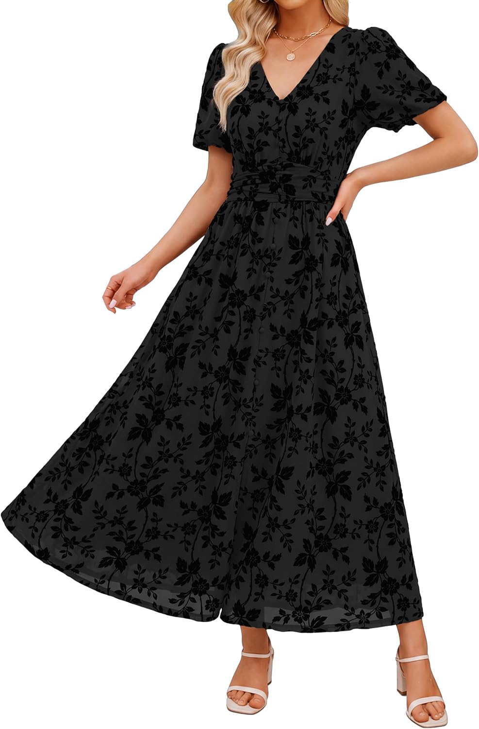 Simplee Womens Floral Wedding Guest Mesh Maxi Dress Formal Cocktail Dresses | Boho Flowy, Semi Formal, Evening Dinner, Empire Waist, Short Sleeve, Long Elegant Western, Fall Winter Holiday