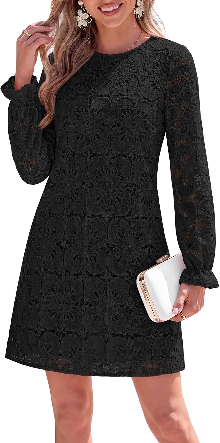 KIRUNDO Womens Long Sleeve Crochet Floral Eyelet Lace Mini Dress | Cute Fall Long Sleeve Embroidered Loose Shift Dress, Elegant Dress for Wedding Guest Bridal Shower Garden Party Vacation