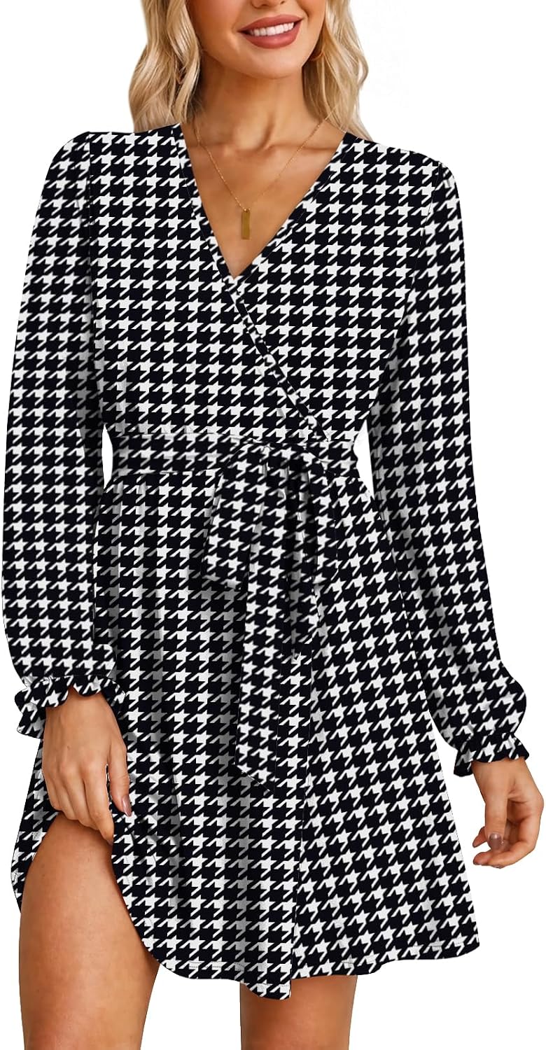 OFEEFAN Womens Wrap V Neck Dress Long Sleeve Belted Fall a Line Dress 2026 | Knee Length Dress,Wedding Guest Dress,Elastic Waist with Belt,Soft Stretch Fabric,Dressy Casual,Solid Floral Prints