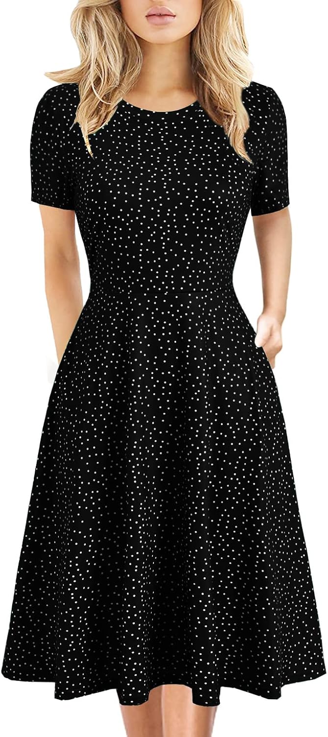 Women's Elegant Knee Length Dresses Vintage Summer Office Casual Floral Print Work Party A-Line Swing Dress with Pockets 162