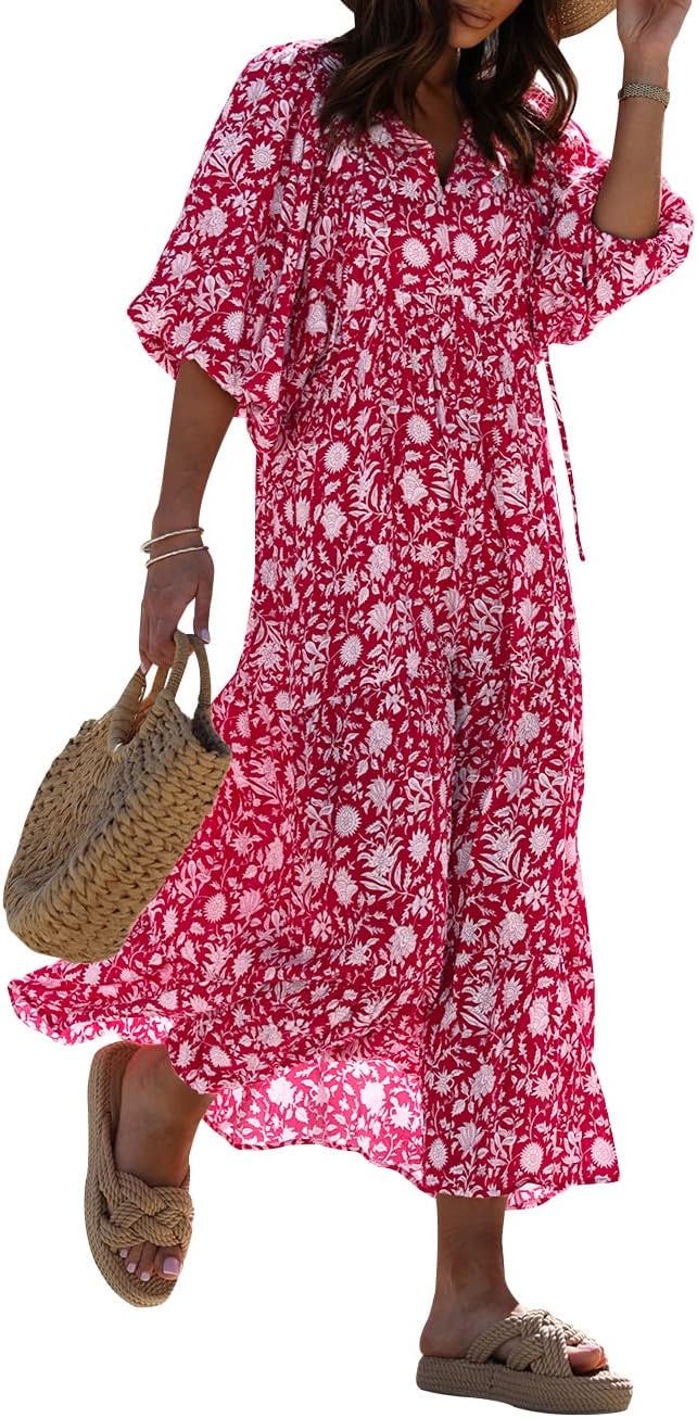 miduo Womens Casual V Neck Half Sleeve Bohemian Geometric Maxi Long Dresses | Loose Fit Beach Summer V Neck Half Sleeve Bohemian Maxi Long Dresses Boho Resortwear Holiday