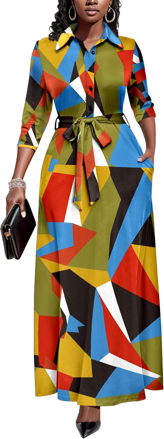 Runwind Womens Maxi Dress 3\/4 Sleeve Button Down Church Dress with Pockets | lapel neck tie waist long dress with belt\/ casual bussiness office dress\/ elegant for wedding guest, dinner party