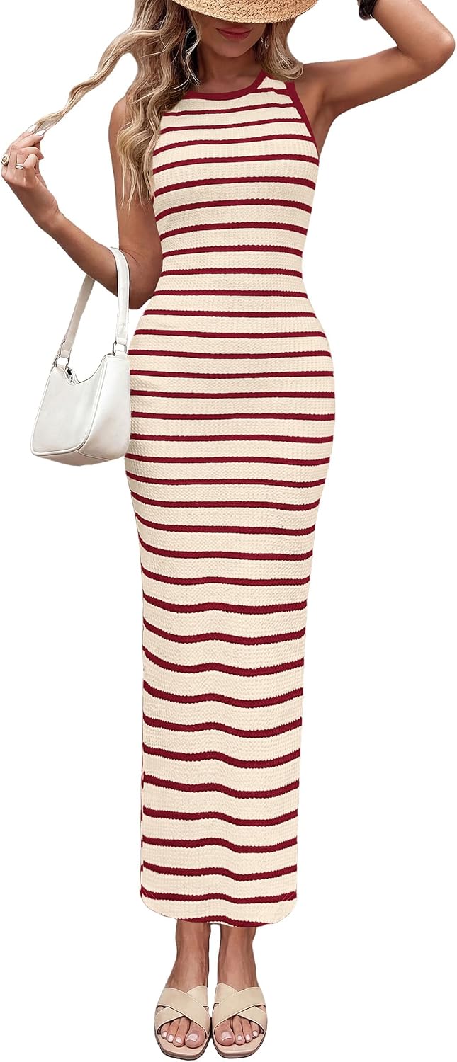 PRETTYGARDEN Women's Summer Striped Bodycon Maxi Dress | Ribbed Knit Tank Dress, Sleeveless Sundresses, Crew Neck, Side Slit, Slim Fitted, Date Night Party, Beach Vacation Outfits