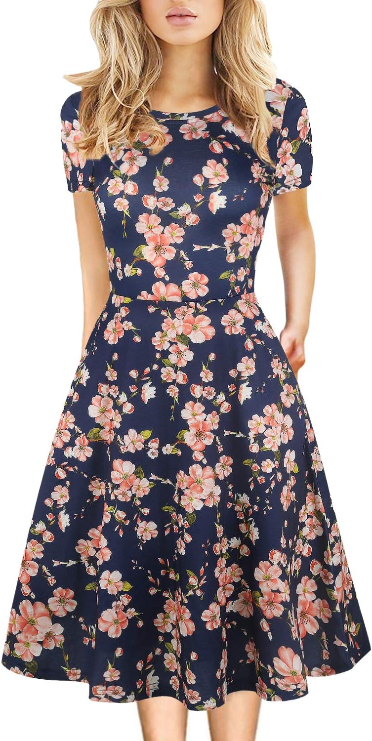 Women's Elegant Knee Length Dresses Vintage Summer Office Casual Floral Print Work Party A-Line Swing Dress with Pockets 162