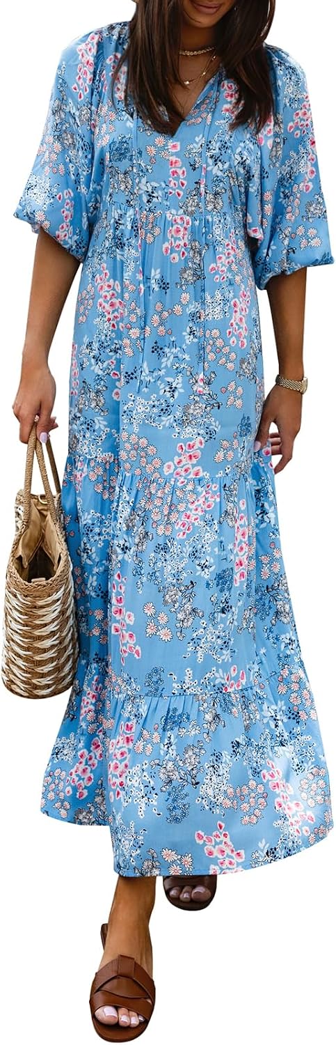 miduo Womens Casual V Neck Half Sleeve Bohemian Geometric Maxi Long Dresses | Loose Fit Beach Summer V Neck Half Sleeve Bohemian Maxi Long Dresses Boho Resortwear Holiday