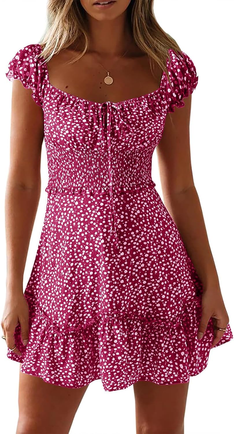 Womens Summer Floral Sundress Ruffle Sleeve Sweetheart Short Mini Dresses | Sun Dress, Sexy, Flowy, Print, Smocked Waist, Western Boho, Beach, Date Night, Country Concert