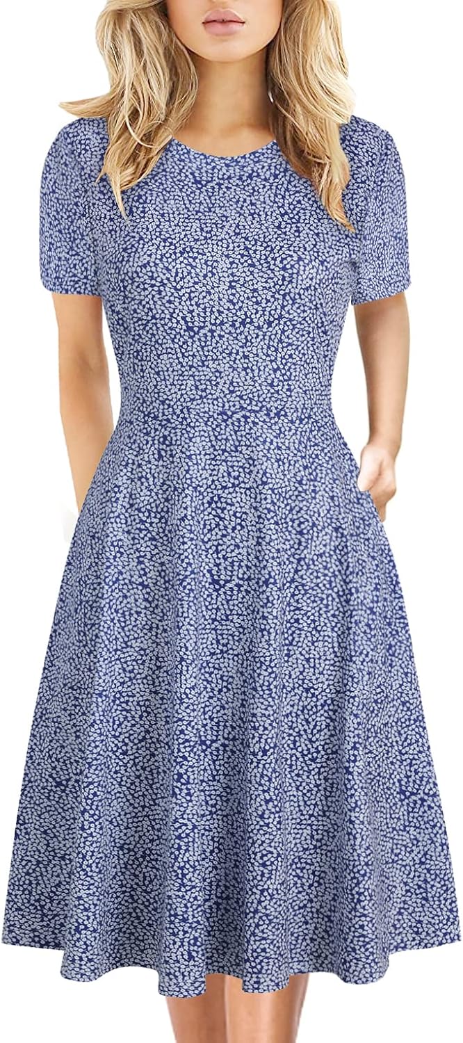 Women's Elegant Knee Length Dresses Vintage Summer Office Casual Floral Print Work Party A-Line Swing Dress with Pockets 162