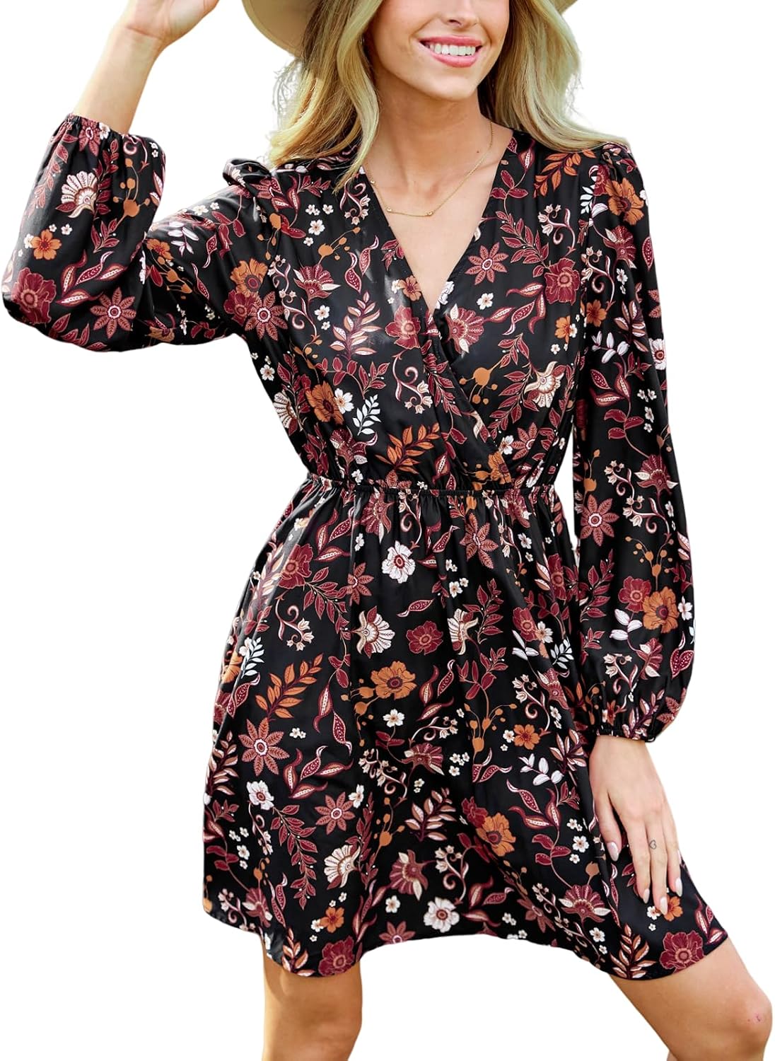 CUPSHE Floral Ruffle Mini Dress Peasant Sleeve Fall Dress Casual Vacation | Surplice V neck Long sleeve, Elastic waist, Flowy A Line, Elegent Holiday ready