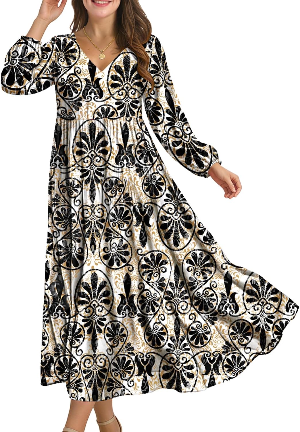 YESNO Women Fall Casual Maxi Dresses Long Lantern Sleeve EVFP2 | V Neck, long sleeve, tiered skirt, flowy beach vacation outfits, spring fall maxi dress with pockets, strap tie