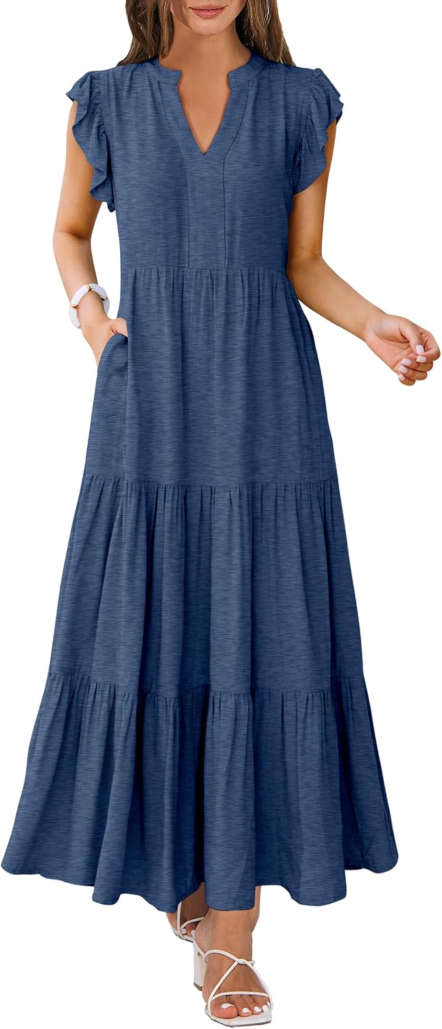 ANRABESS Womens Summer Dress Ruffle Sleeve V Neck Vacation Maxi Dresses | Flowy Tiered Boho Beach Sundress, Casual Fit Long Dress with Pockets, Soft Fashion Work Outfits 2026