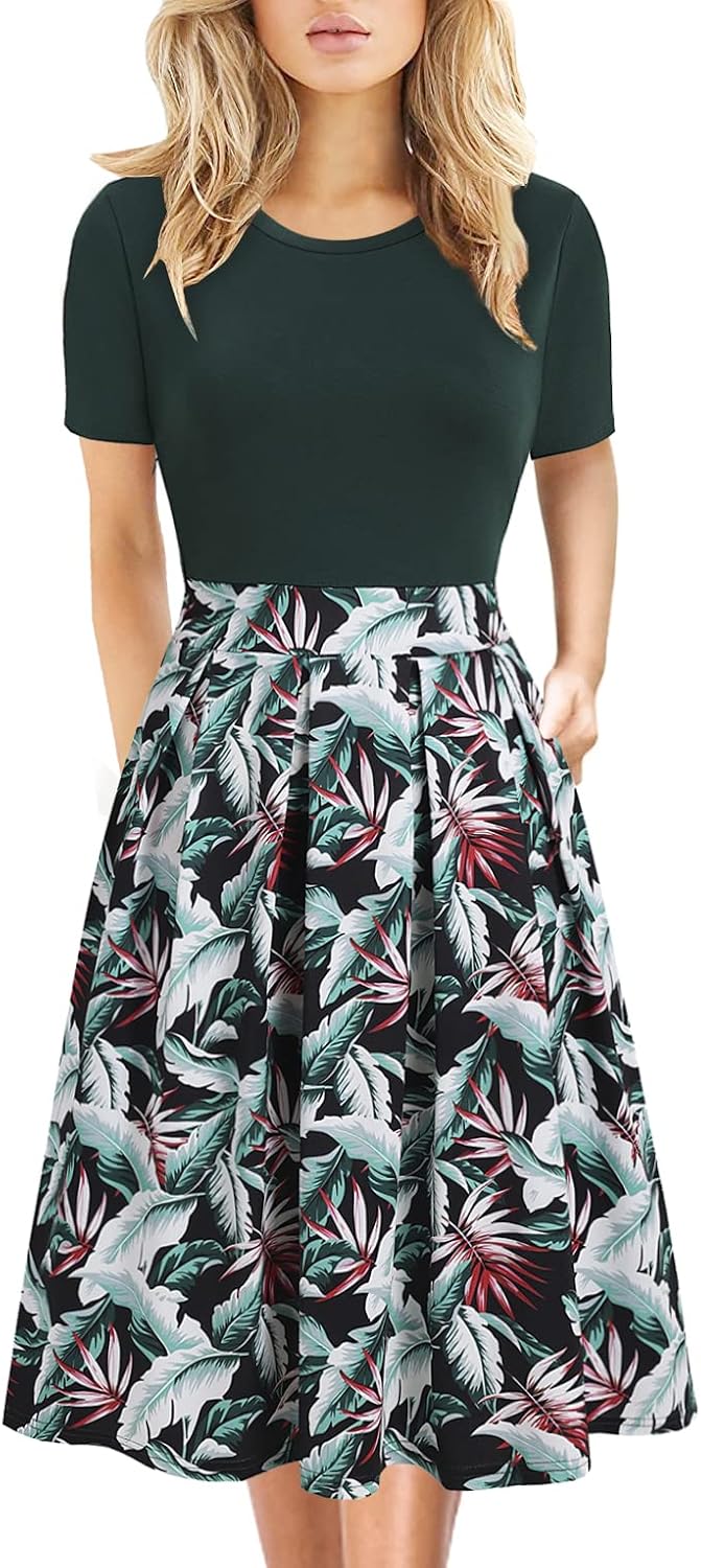 Women's Elegant Knee Length Dresses Vintage Summer Office Casual Floral Print Work Party A-Line Swing Dress with Pockets 162
