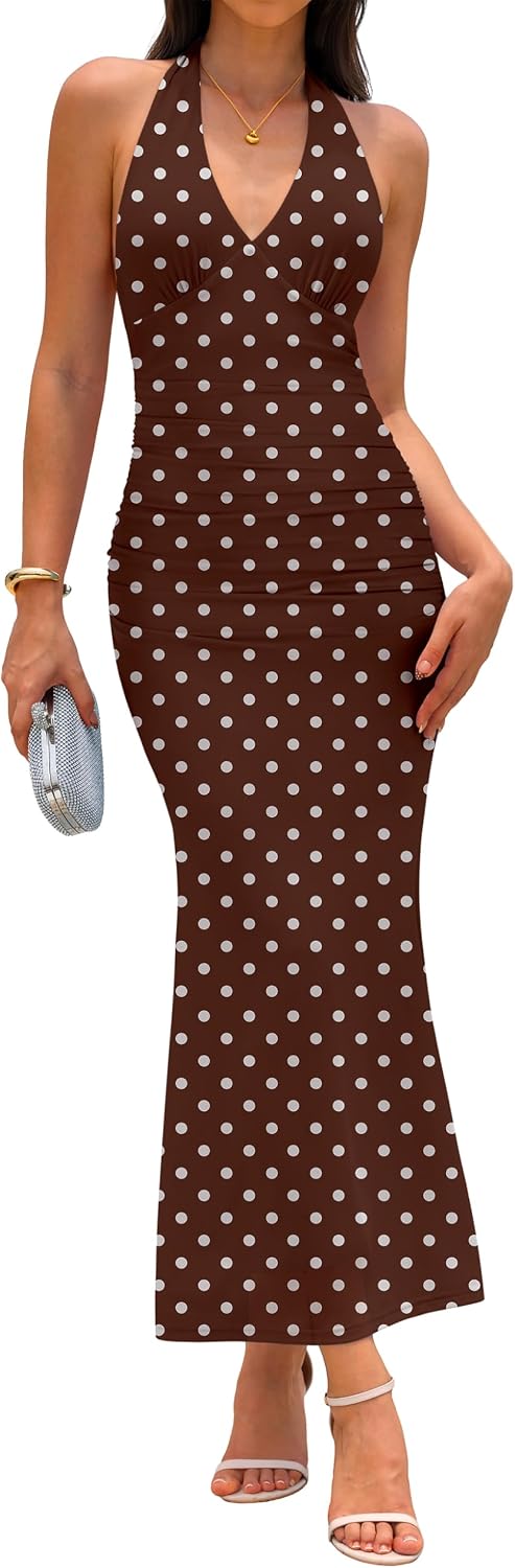 IWD Women's Sexy V Neck Halter Tie Bodycon Dress Cocktail Maxi Sundresses | Backless Fitted Mesh Flowy Dresses, Cocktail Party Prom Bridal Shower Date Night, Evening Birthday Club Vacation Going Out
