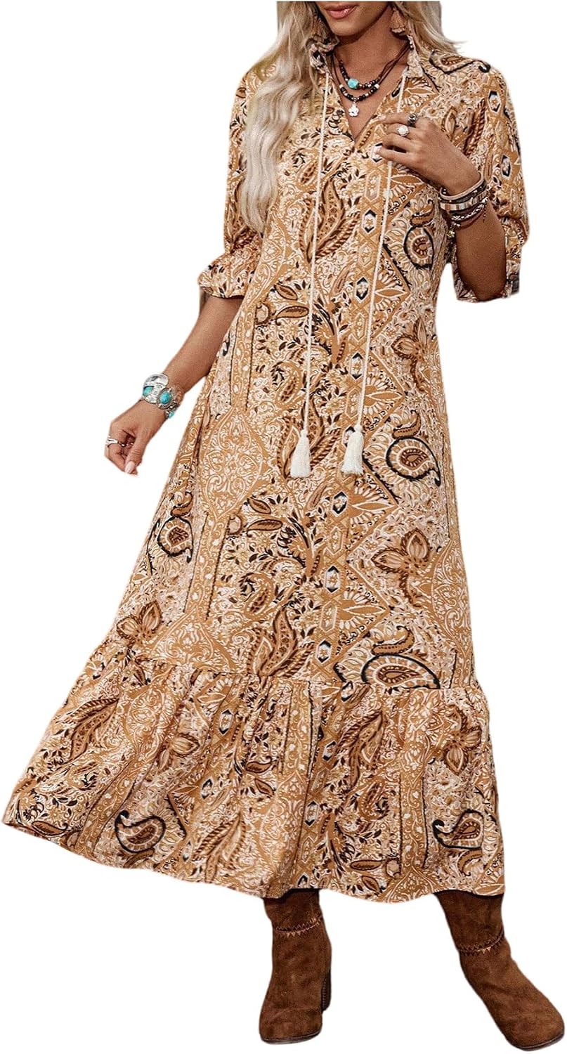 GORGLITTER Women's Western Cowgirl Country 3\/4 Sleeve Maxi Dresses Outfit | Western Dresses to Wear with Boots, Boho Hawaiian Dress, Western Wear for Women, Cowgirl
