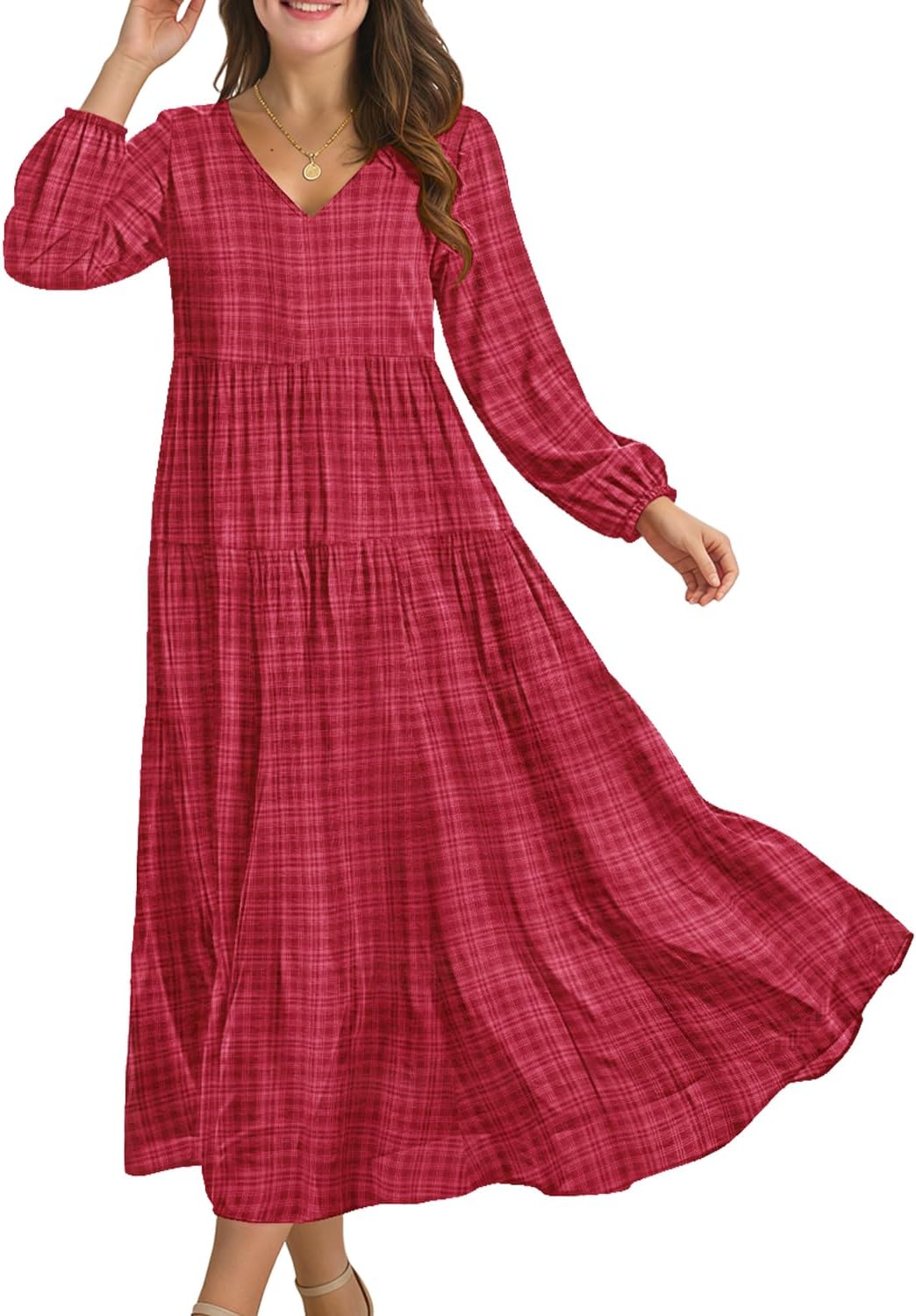 YESNO Women Fall Casual Maxi Dresses Long Lantern Sleeve EVFP2 | V Neck, long sleeve, tiered skirt, flowy beach vacation outfits, spring fall maxi dress with pockets, strap tie