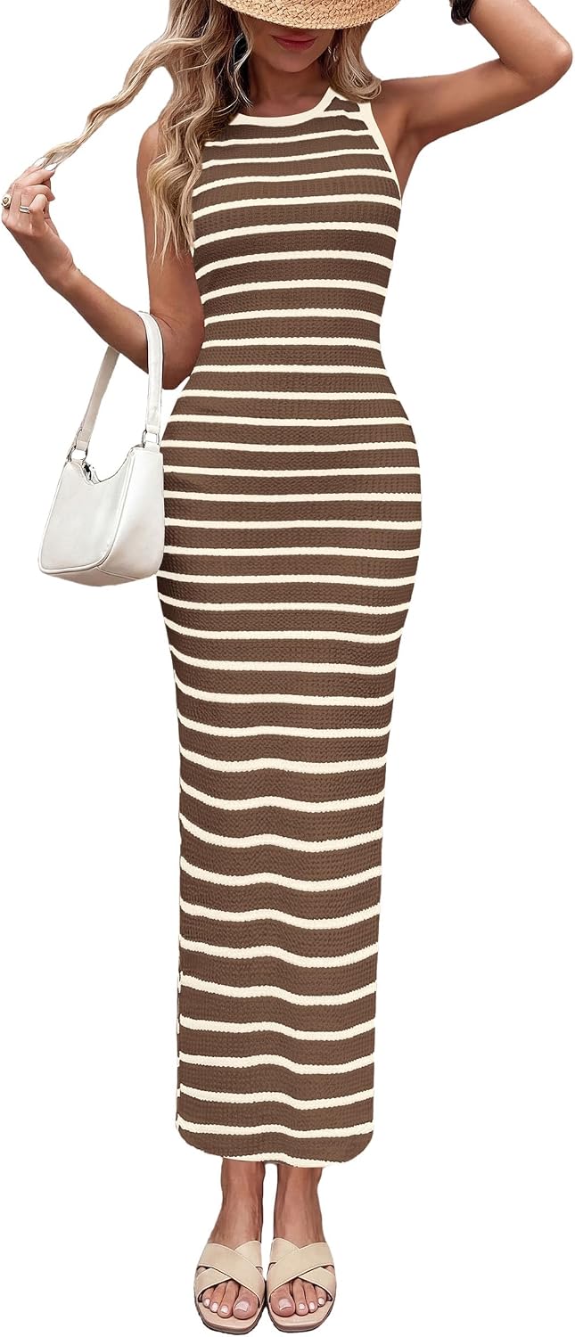 PRETTYGARDEN Women's Summer Striped Bodycon Maxi Dress | Ribbed Knit Tank Dress, Sleeveless Sundresses, Crew Neck, Side Slit, Slim Fitted, Date Night Party, Beach Vacation Outfits