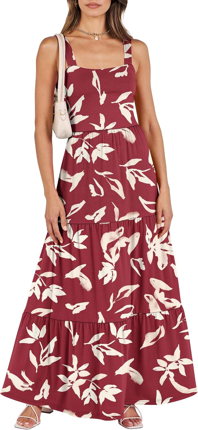 ANRABESS Women's Summer Flowy Maxi Dress Square Neck Sundress with Pockets | Casual Beach Travel Vacation Sleeveless Sun Dress, A-line Boho Tiered Tank Top Long Dresses