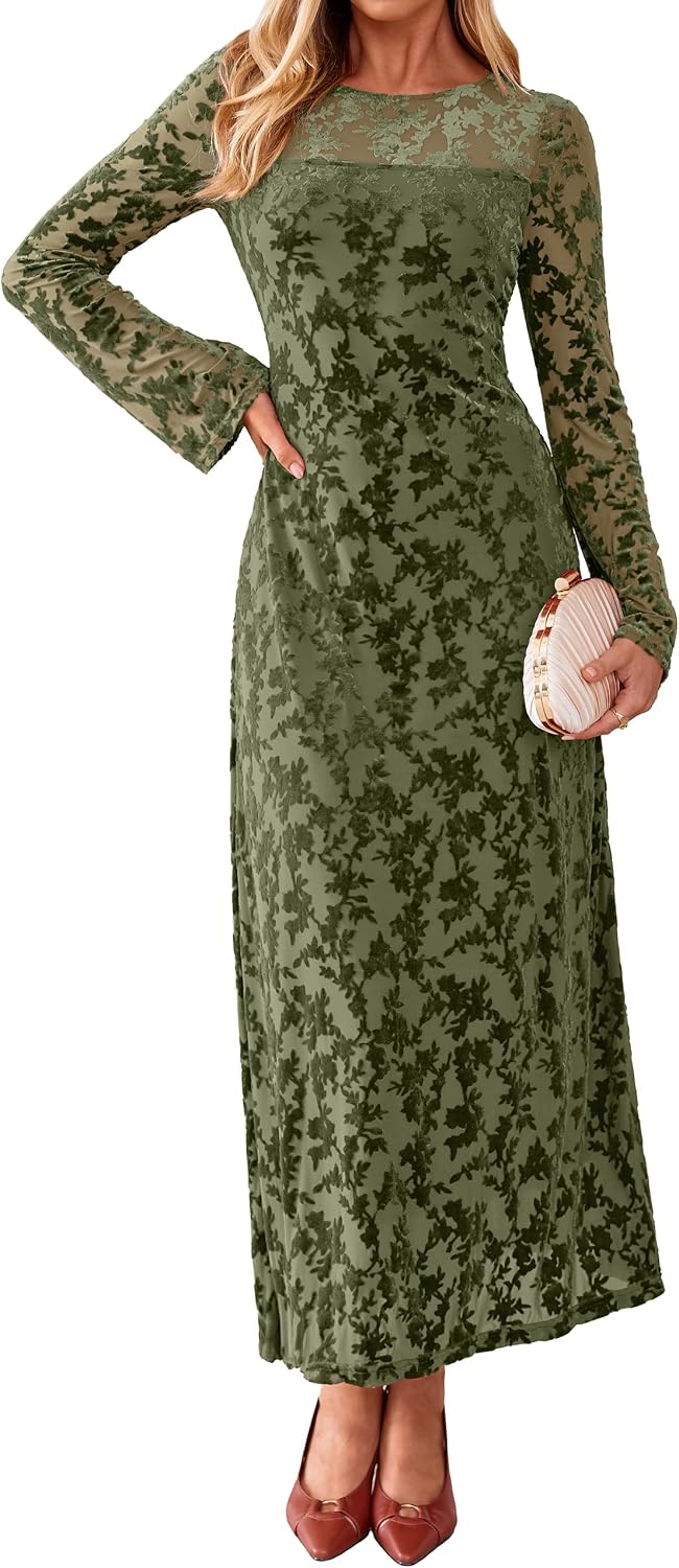 Simplee Womens Velvet Long Sleeve Fall Formal Wedding Guest Maxi Dress | Burnout Velvet Floral, Stretch Mesh Fabric, Long Bell Sleeve,Winter Holiday, Elegant Cocktail Party Dress