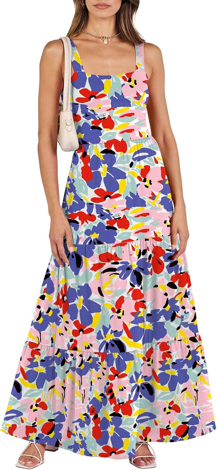 ANRABESS Women's Summer Flowy Maxi Dress Square Neck Sundress with Pockets | Casual Beach Travel Vacation Sleeveless Sun Dress, A-line Boho Tiered Tank Top Long Dresses