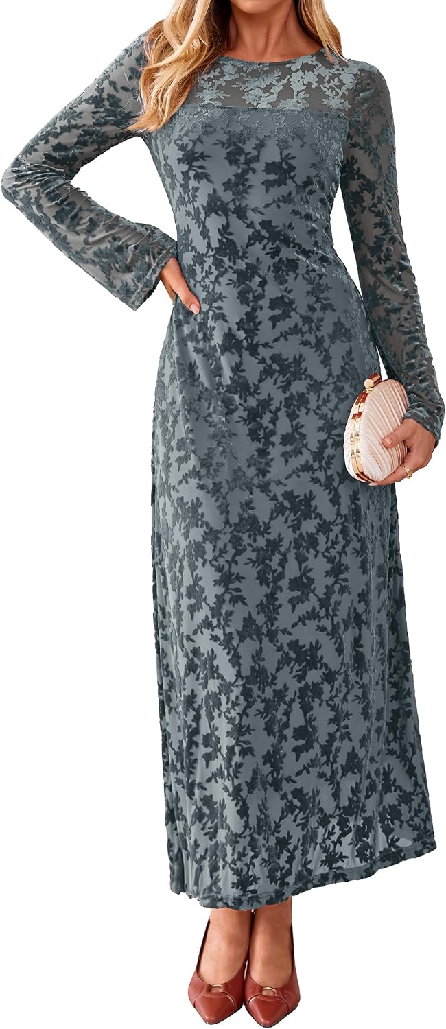 Simplee Womens Velvet Long Sleeve Fall Formal Wedding Guest Maxi Dress | Burnout Velvet Floral, Stretch Mesh Fabric, Long Bell Sleeve,Winter Holiday, Elegant Cocktail Party Dress