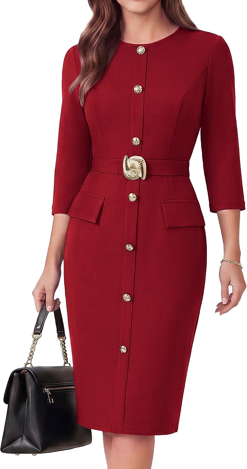 GRACE KARIN Women's 3\/4 Sleeve Work Office Business Casual Dress | 2026 Elastic Belt,Crew Neck,Back Zipper,Knee Length,Bodycon Outfits Suitable for Funral,Church,Cocktail,Professional