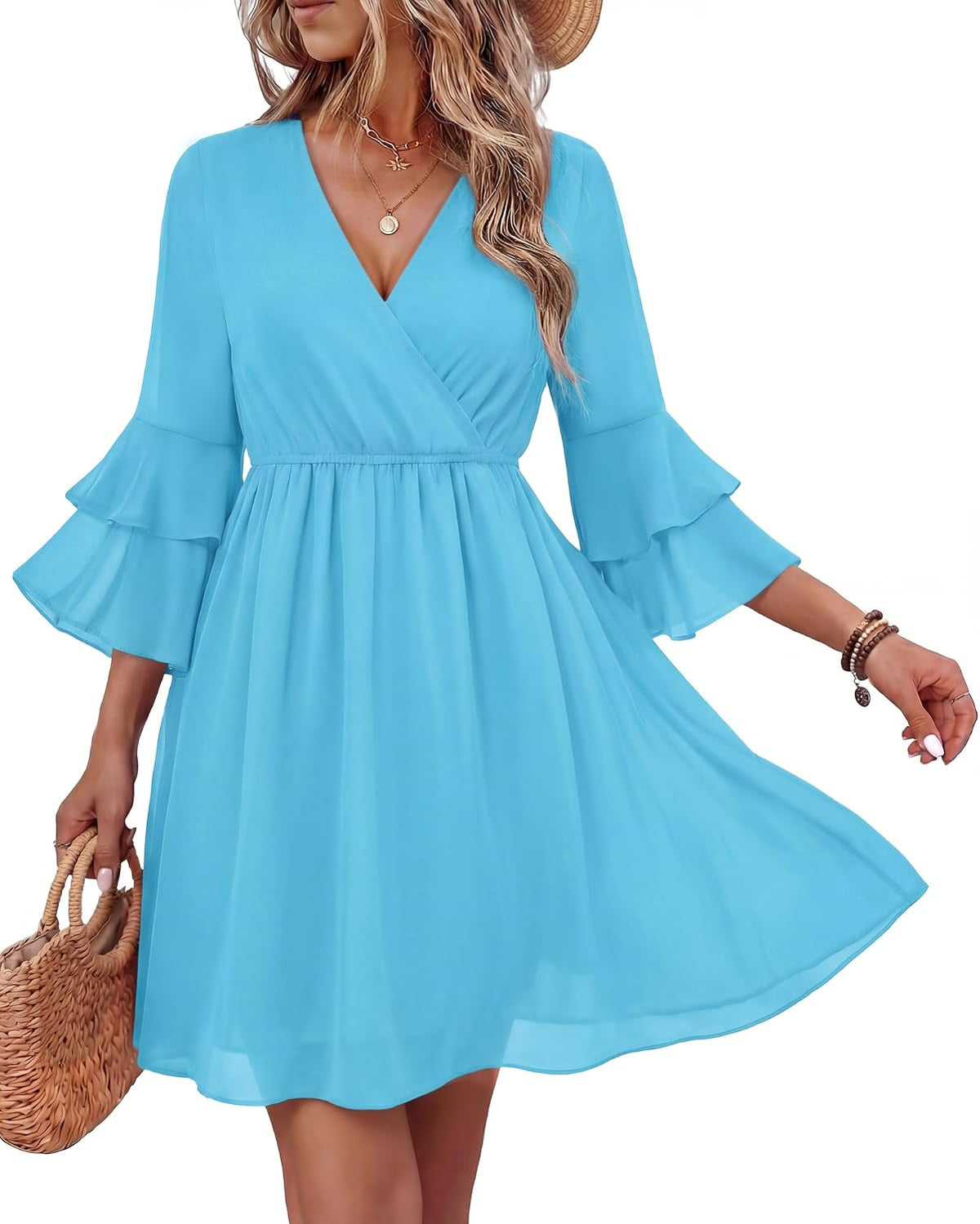 Bebonnie Womens 3\/4 Ruffle Sleeve Spring Summer Casual V Neck Flowy Chiffon Layers Dresses
