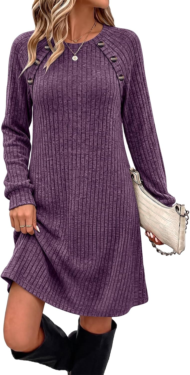 OFEEFAN Fall Dresses for Women 2026 Long Sleeve Dress with Pockets | Button Detail, Teacher Outfits, Early Fall Fashion, Ribbed, Lightweight, Winter Clothing