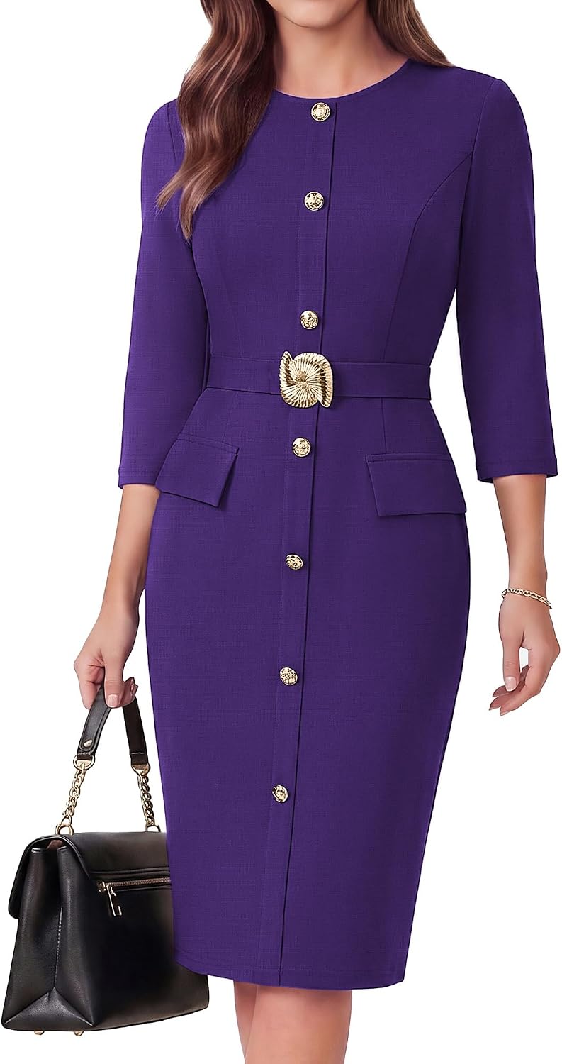 GRACE KARIN Women's 3\/4 Sleeve Work Office Business Casual Dress | 2026 Elastic Belt,Crew Neck,Back Zipper,Knee Length,Bodycon Outfits Suitable for Funral,Church,Cocktail,Professional