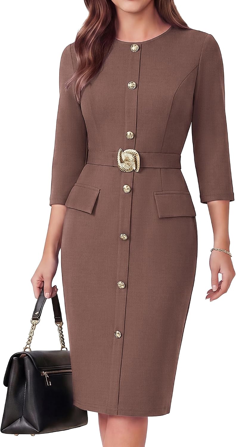 GRACE KARIN Women's 3\/4 Sleeve Work Office Business Casual Dress | 2026 Elastic Belt,Crew Neck,Back Zipper,Knee Length,Bodycon Outfits Suitable for Funral,Church,Cocktail,Professional