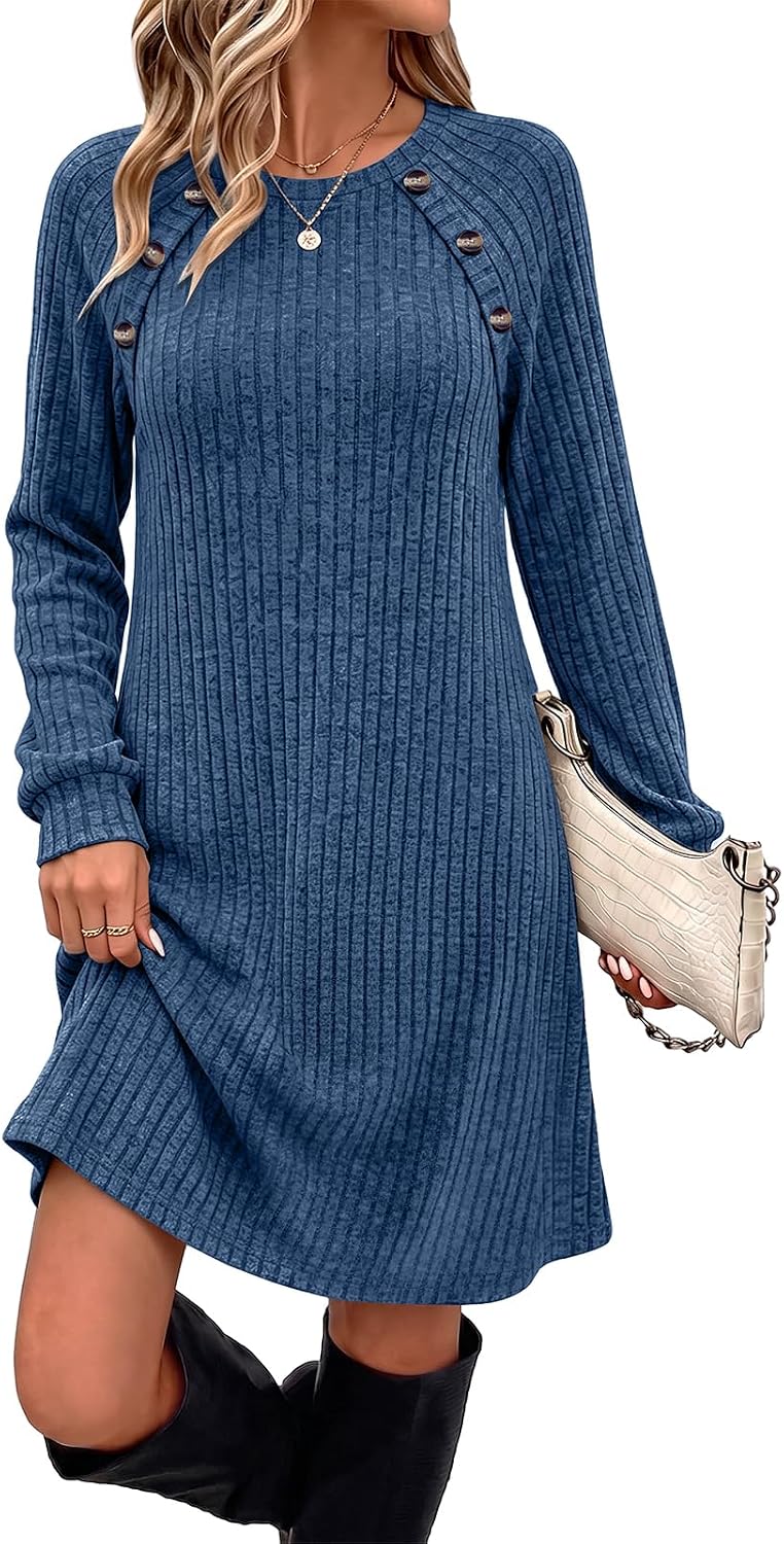 OFEEFAN Fall Dresses for Women 2026 Long Sleeve Dress with Pockets | Button Detail, Teacher Outfits, Early Fall Fashion, Ribbed, Lightweight, Winter Clothing