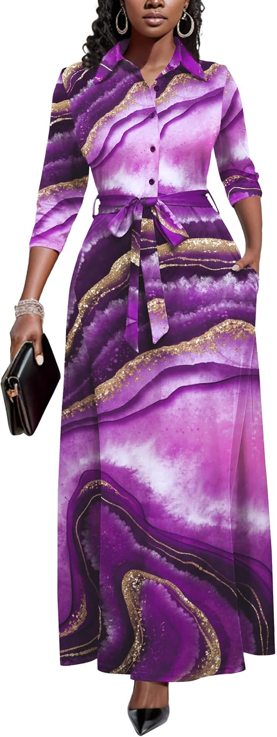 Runwind Womens Maxi Dress 3\/4 Sleeve Button Down Church Dress with Pockets | lapel neck tie waist long dress with belt\/ casual bussiness office dress\/ elegant for wedding guest, dinner party