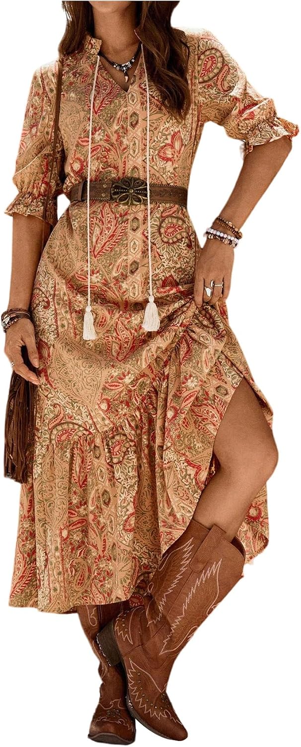 GORGLITTER Women's Western Cowgirl Country 3\/4 Sleeve Maxi Dresses Outfit | Western Dresses to Wear with Boots, Boho Hawaiian Dress, Western Wear for Women, Cowgirl