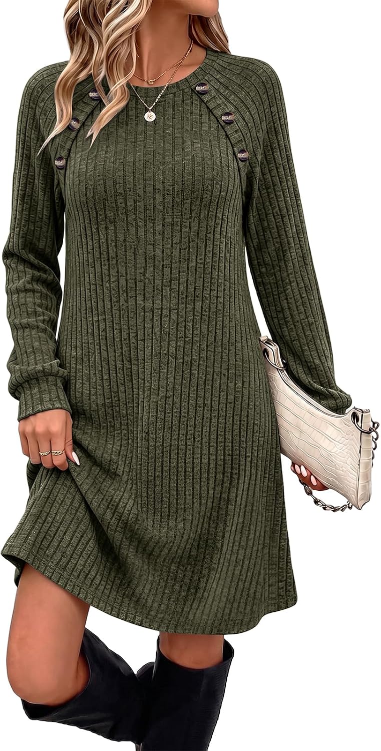 OFEEFAN Fall Dresses for Women 2026 Long Sleeve Dress with Pockets | Button Detail, Teacher Outfits, Early Fall Fashion, Ribbed, Lightweight, Winter Clothing