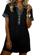 SELINK Patchwork Denim Dress for Women Cute Polo T-Shirt Dress | Short Sleeve Polo Dresses with Collar,Ladies Ribbed Knit Jean Dress,Button Up Summer Dress,Perfect for Casual Daily Wear