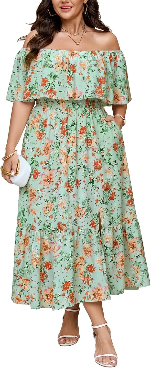 SCOMCHIC Womens Plus Size Wedding Guest Cocktail Dresses | Off The Shoulder, Smocked Waist， Ruffle Slit， Maxi Dress with Pockets