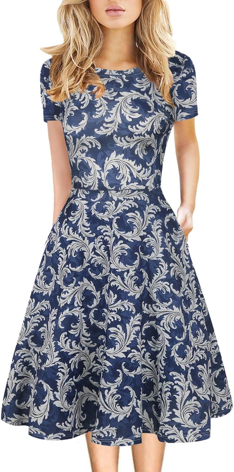 Women's Elegant Knee Length Dresses Vintage Summer Office Casual Floral Print Work Party A-Line Swing Dress with Pockets 162