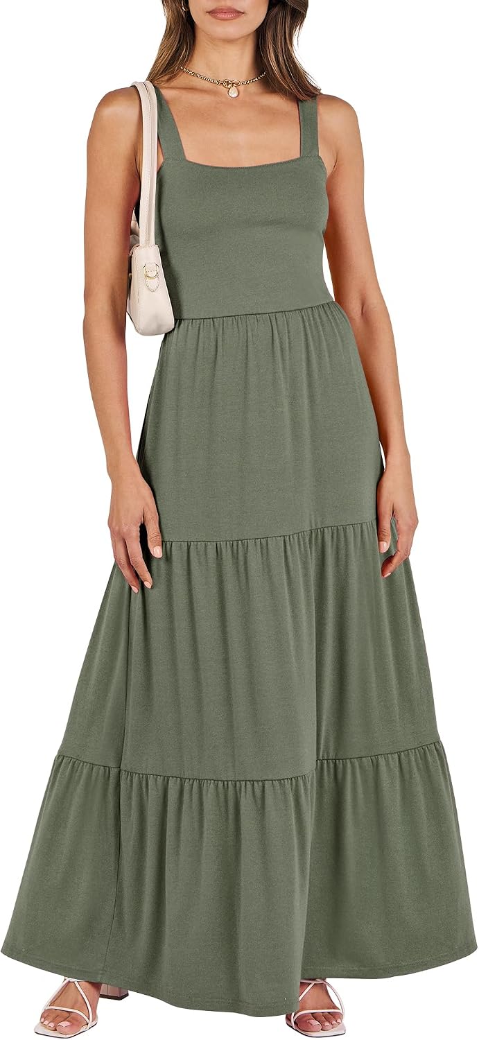 ANRABESS Women's Summer Flowy Maxi Dress Square Neck Sundress with Pockets | Casual Beach Travel Vacation Sleeveless Sun Dress, A-line Boho Tiered Tank Top Long Dresses